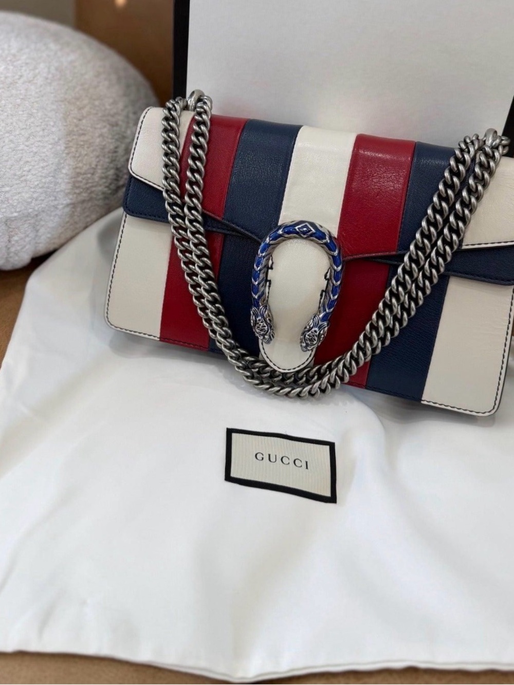 Gucci Tricolor Red White Blue Striped Leather Dionysus Shoulder Bag with Chain